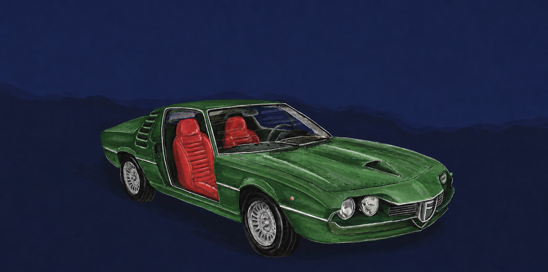Leder und Lack Hero-Oldtimer mit roter Lederausstattung auf nachtblauem Hintergrund